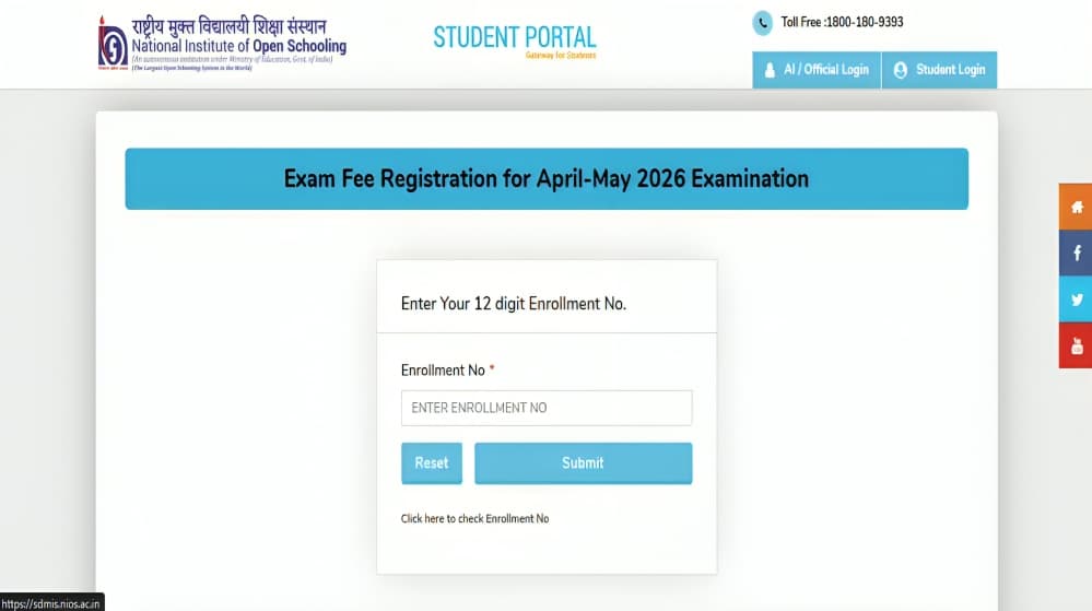 NIOS March-April 2026 Exams: Application Process Begins at sdmis.nios.ac.in
