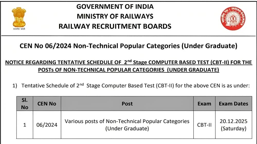 RRB NTPC UG CBT 2 Exam Scheduled for December 20, Admit Card and City Slip Release Timeline Explained