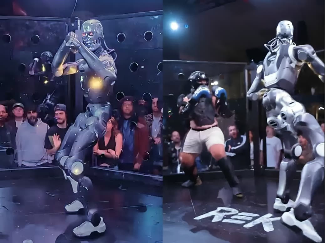 Six Foot Humanoid Robot Fights Human in Viral Cage Match REK Video Sparks Robot Debate
