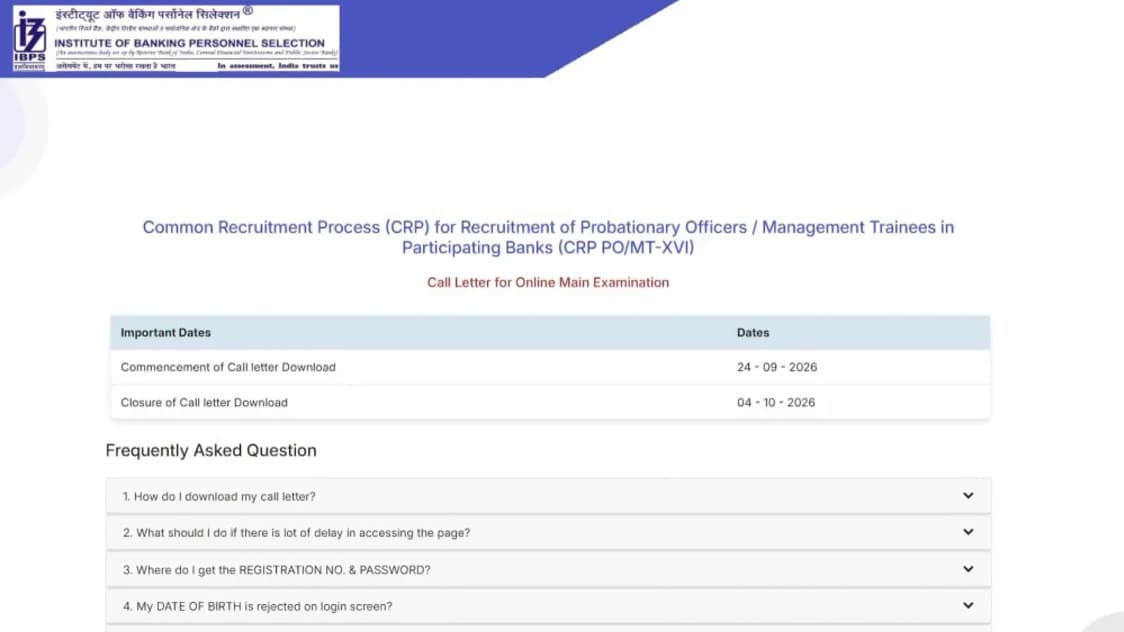 IBPS PO Mains Admit Card 2026 Released at ibps.in: Download Call Letter for October 4 Exam, Check St